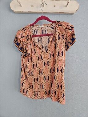 Rose And Olive  Floral-Print Flutter Sleeve Top in Navy and Peach